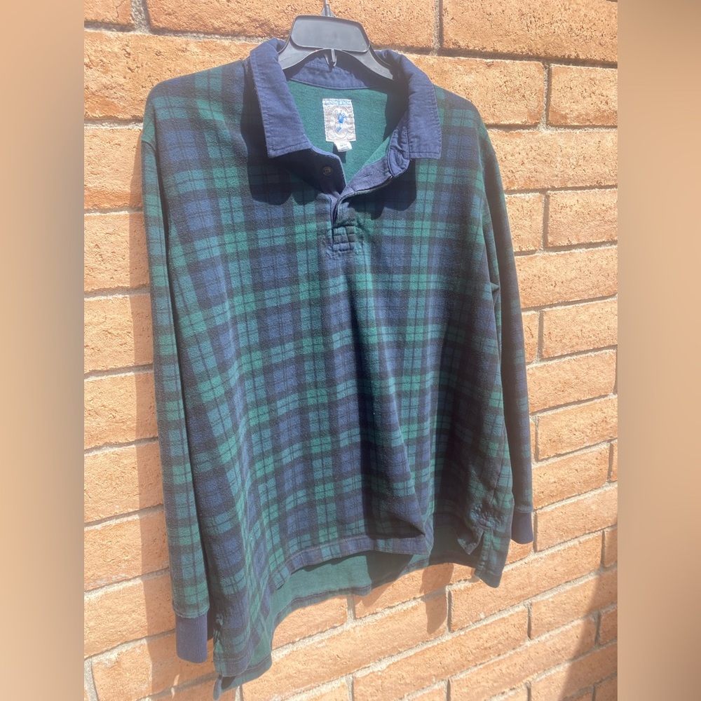 Vintage Lands’ End Rugby Shirt XXL Black Watch Plaid Cotton Ivy Prep Classic